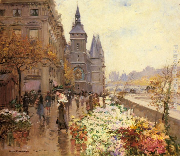 Georges Stein A Flower Market Along the Seine